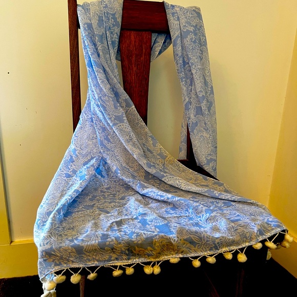 Miss Shop Accessories - Light weight blue and white scarf. Polyester. With Pom poms at either end